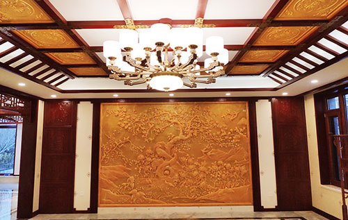 眉山中式别墅客厅中式木作横梁吊顶装饰展示